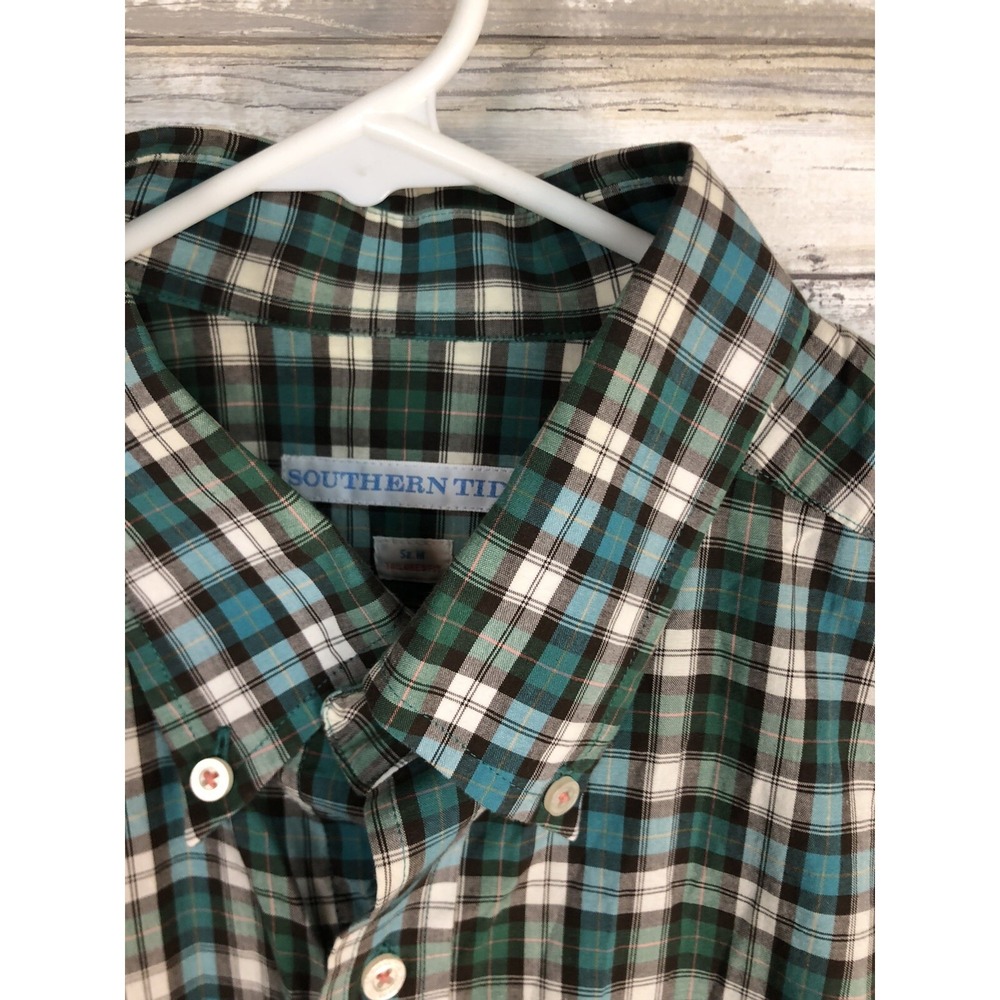Southern Tide Shirt Green Brown Plaid Tailored Fit Button Down Mens Medium M - Picture 4 of 7